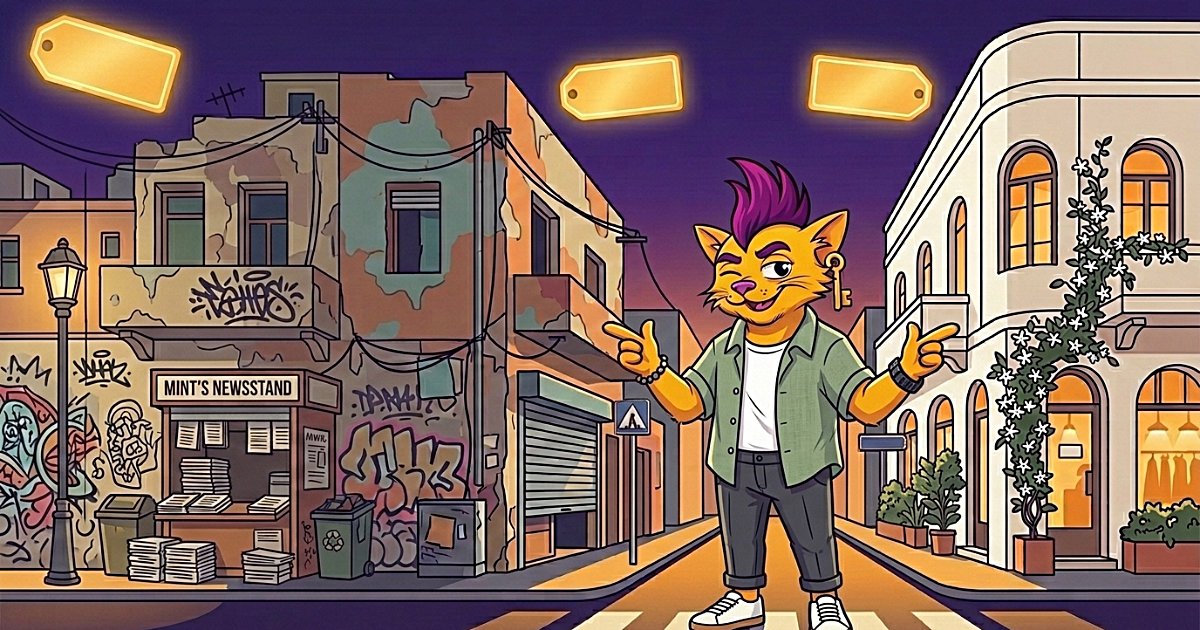 קיריל עומד באמצע רחוב בתל אביב ומצביע על בניין משופץ מצד אחד ובניין מוזנח מהצד השני